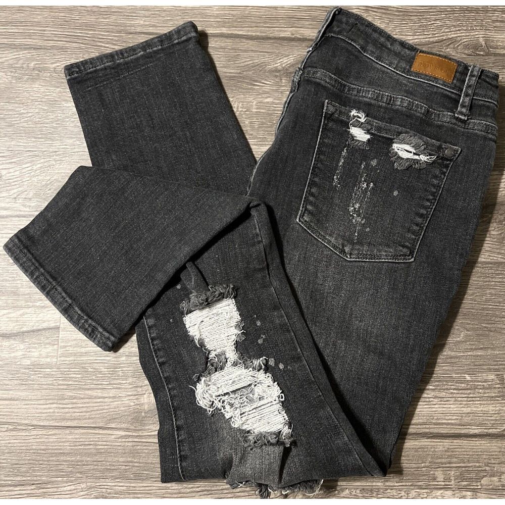 Judy Blue Boyfriend Fit Distressed Straight Leg Charcoal Wash Jeans 11/30(30x28)